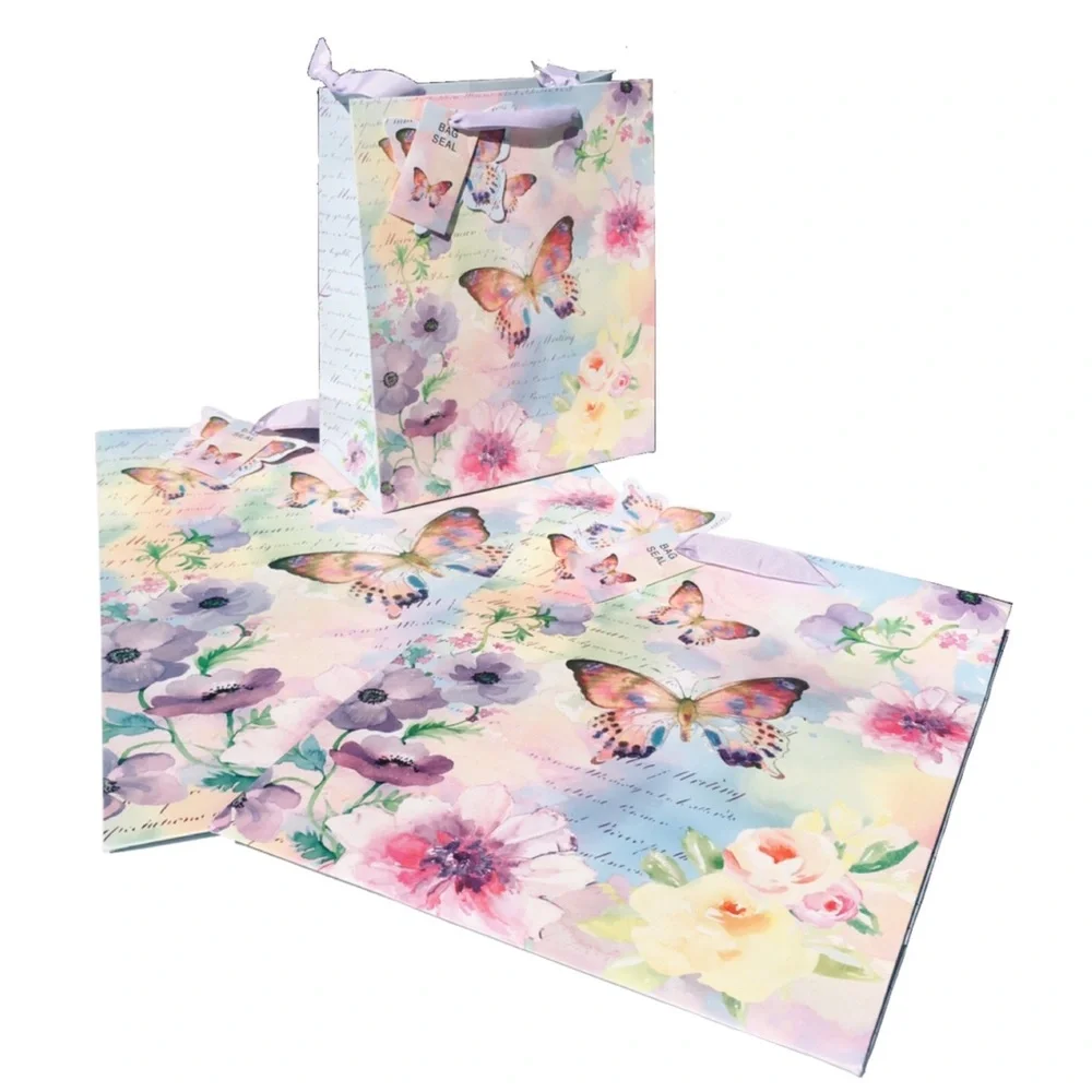 Partisan Les Papillons Designer-Inspired Gift Bags w Gift Tag + Seal - Set of 3